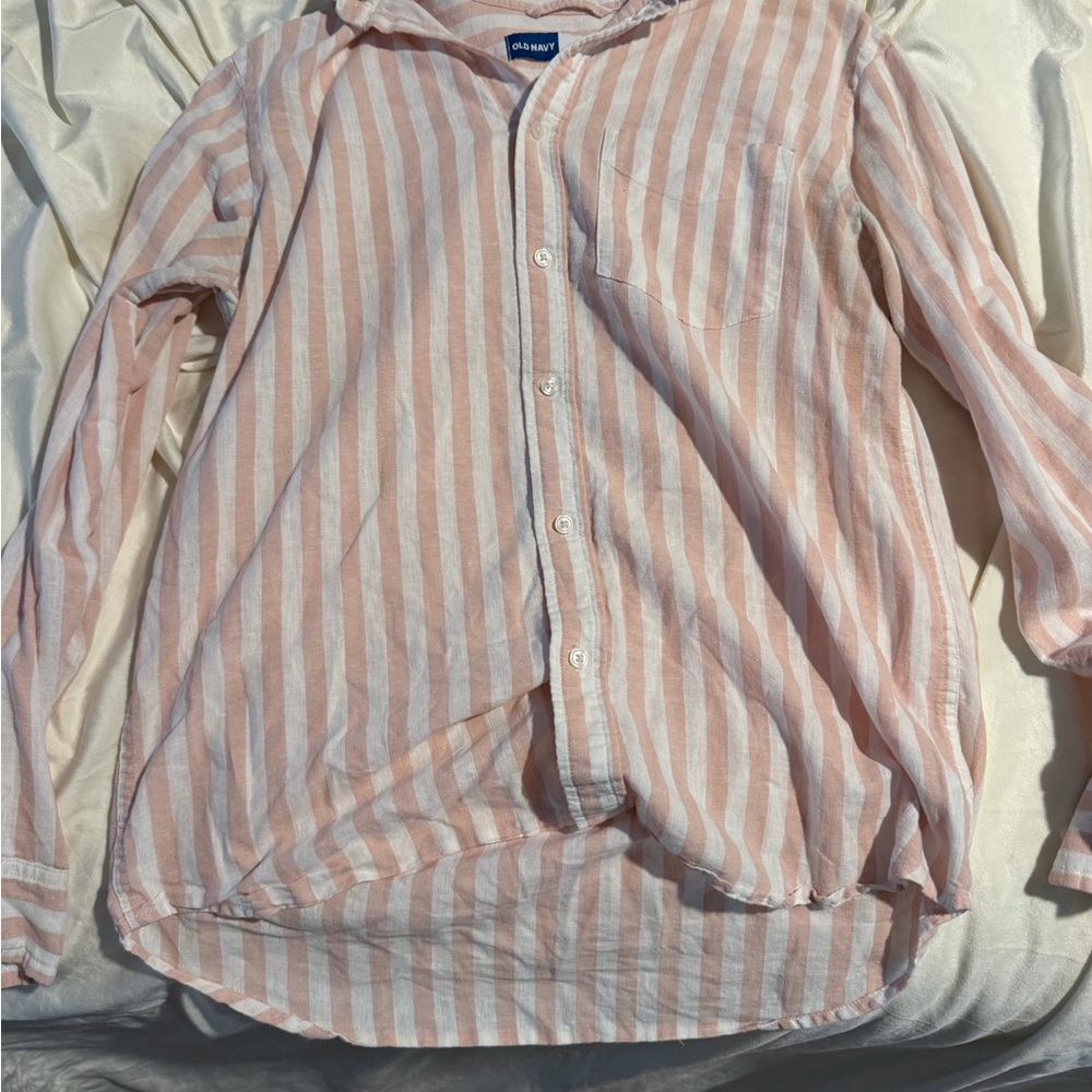 Old Navy Pink and White Striped Linen Shirt